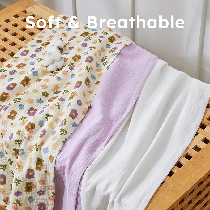 5 Pack Muslin Swaddle Blankets & Baby Burp Cloths, Soft & Breathable Cotton Baby Blankets, Receiving Blankets for Newborn, Nursery Infant Essentials, Swaddling Wrap for Unisex (Purple & White)