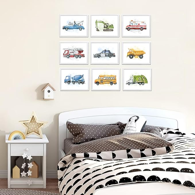 uniro Construction Room Decor for Boys, Truck Wall Art Print for Boys Room Decor, Cute Toddler Wall Decor Truck Prints, Car Pictures Wall Decor for Bedroom, Playroom, Nursery Decor, Vehicle Tractor Prints & Posters - 8x10inch|Unframed
