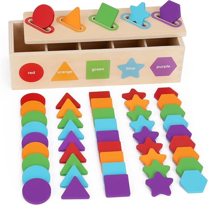 KMTJT Montessori Toys for 1 2 3 Year Old | Wooden Color & Shape Sorting Matching Toys | Learning Educational Toys for 1-3 Year Old Kids | One 1st 2st Birthday Gift for Boy Girl