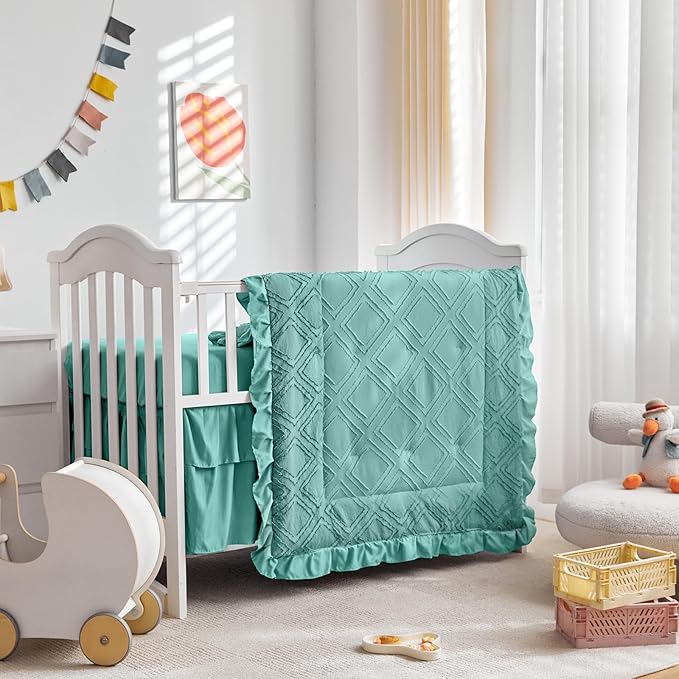 Mini Crib Bedding Set 3 Pieces Baby Boho Quilted Tufted Ruffles Comforter with Fitted Sheet and Ruffled Bed Skirt - Cute Shabby Baby Bedding Fits Mini Crib Only Teal Blue