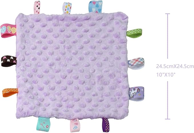 CREVENT Tag Security Blankets for Babies, Soft Small Loveys for Boys, Baby Comforter Sensory Blanket, Great Gifts for Birthday Baby Shower - 10"X10" Green + Purple
