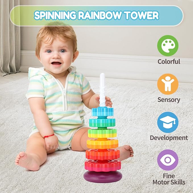 Baby Spinning Stacking Toys, 1-3 Rainbow Ring Stacker Montessori Toys for Babies, Sensory Toys for Toddlers, Christmas and Birthday Gifts Suitable for Boys and Girls (16 inches)