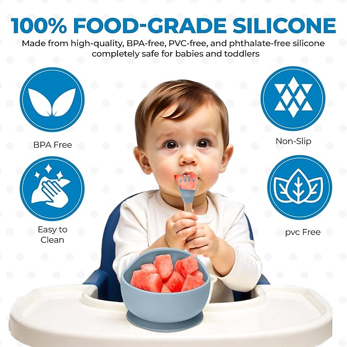 5-Piece Silicone Baby Feeding Set – Suction Bowl, Divided Plate, Adjustable Bib, Spoon & Fork – 100% Food-Grade Silicone, BPA Free, Non-Toxic, Dishwasher & Microwave Safe