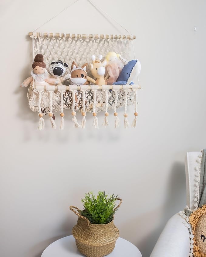 Crane Baby Macrame Hanging Storage Bin for Nursery, Boho Baby Decor, Baby Toy Hanging Basket Wall Storage, Bohemian Macrame Nursery Decor, 16" W X 22" H