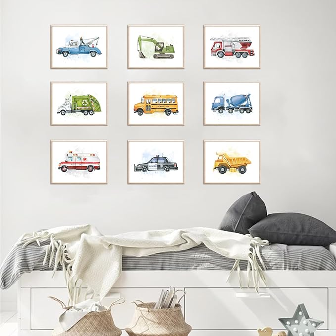 uniro Construction Room Decor for Boys, Truck Wall Art Print for Boys Room Decor, Cute Toddler Wall Decor Truck Prints, Car Pictures Wall Decor for Bedroom, Playroom, Nursery Decor, Vehicle Tractor Prints & Posters - 8x10inch|Unframed