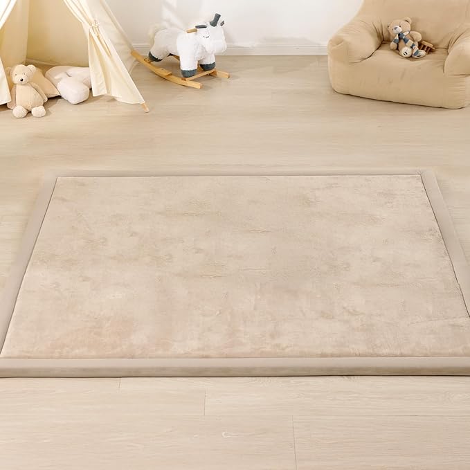 1.3" Thick Baby Floor Play Mat, 50x74 Padded Foam Tummy Time Crawling Mat, Non-Slip Water-Repellent Soft Plush Nursey Area Rug for Playroom Bedroom Living Room (Beige)