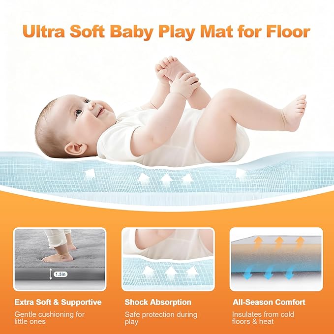 Ultra Soft Baby Play Mat for Floor, 50"x50" Playpen Mat, 1.3" Thick Memory Foam, Non-Slip Tummy Time Mat for Infants, Toddlers, and Kids – Water-Repellent Coral Velvet, Easy Care