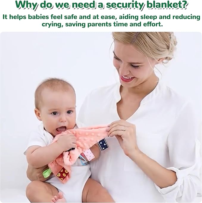 Baby Tags Security Blankets - Baby Soothing Plush Blanket with Colorful Tags, 10"x10" Square Sensory Toys, Lovey for 3 Months+ Babies Boys and Girls (Pink)