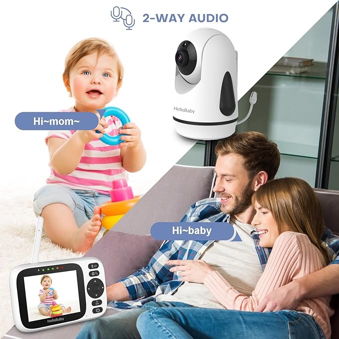 HelloBaby 3.2'' Baby Monitor 2 Cameras,Video Audio Baby Monitor No WiFi, Remote Pan-Tilt-Zoom,AUTO Night Vision, ECO, 2-Way Talk,8 Lullabies and 1000ft Range, Temperature, for Parents and Babies