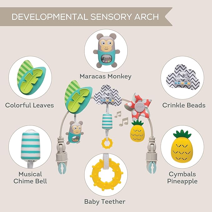Taf Toys Tropical Arch Adjustable Infant Car Seat & Stroller Toy for Infant & Toddlers, Stroller Arch, Baby Crib Toys Clips on Prams/Car Seats/Bouncers Encourages Motor Skills & Sound Exploration