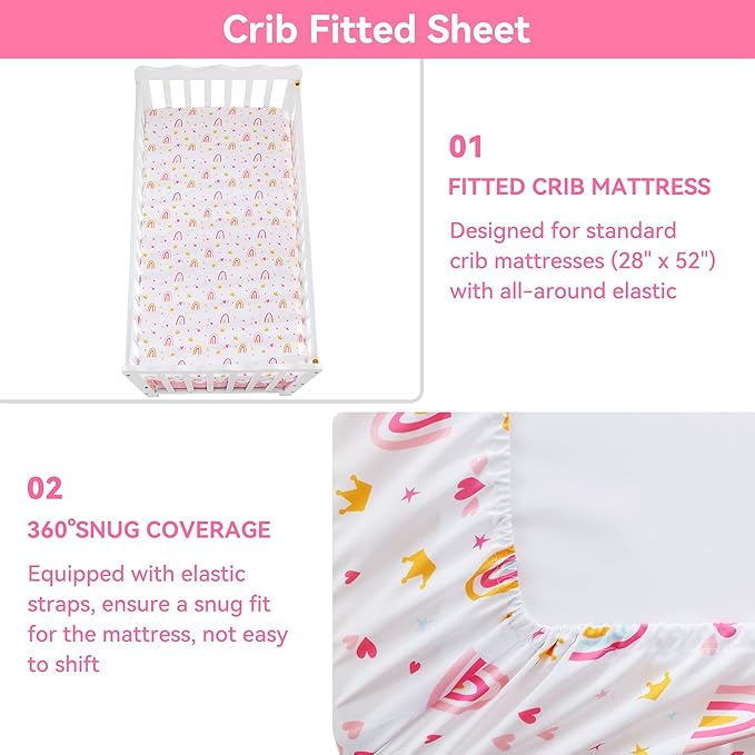 Crib Bedding Set for Boys Girls, 3 Piece Baby Bedding Sets Nursery Crib Sets Newborn & Infant & Toddler, Crib Set Include Quilted Comforter + Crib Skirt + Fitted Sheet - White Unicorn