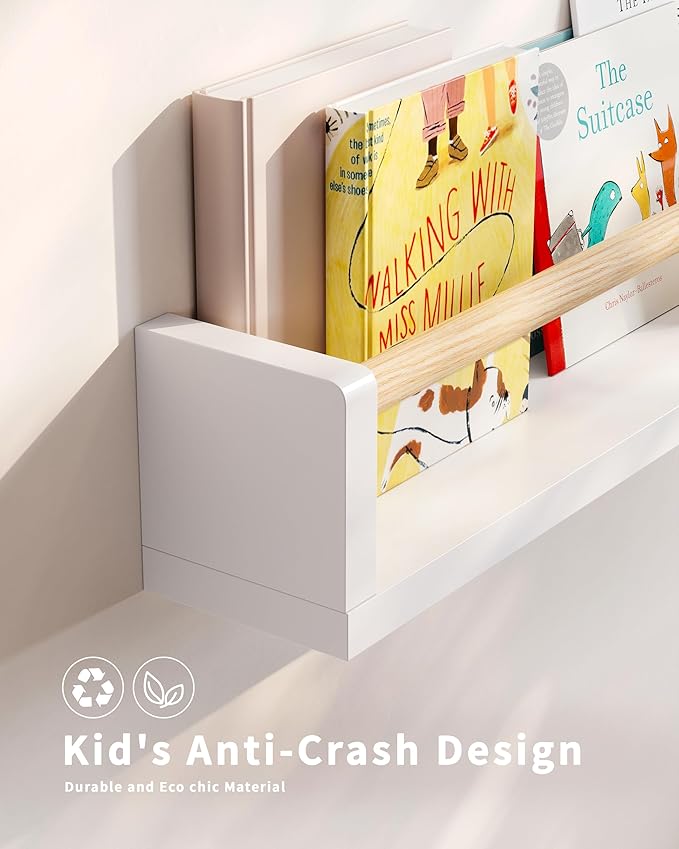 Nursery Book Shelves, 4 Pack, Wall Book Shelves for Kids Room, Baby, Toddler, Nursery Decor (White Wood, 23 Inches)
