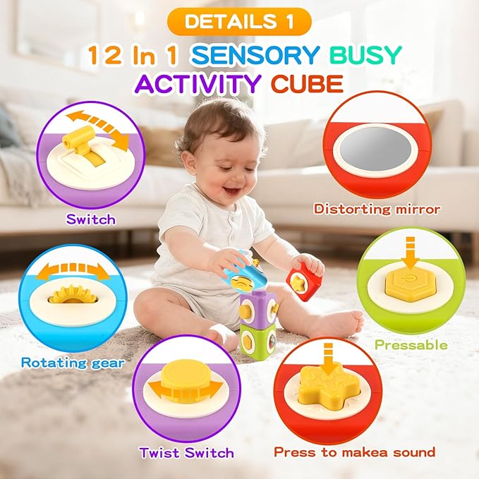 Montessori Activity Cube & Busy Board for 1 Year Old - 12-in-1 Travel Toys for Airplane & Car, Educational Activity Stacking & Sensory Toys for Toddlers 1-2, Valentine Gifts for Kids 1-2 Year Old