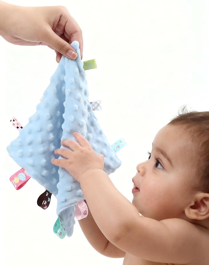 CREVENT Tag Security Blankets for Babies, Soft Small Loveys for Boys, Baby Comforter Sensory Blanket, Great Gifts for Birthday Baby Shower (10"X10" GiraffeDot+Flower+Purple+Blue)