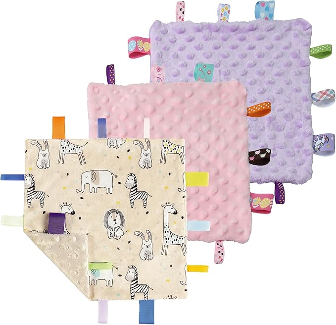 CREVENT Tag Security Blankets for Babies, Soft Small Loveys for Boys, Baby Comforter Sensory Blanket, Great Gifts for Birthday Baby Shower (10"X10" Zoo + Pink + Purple)