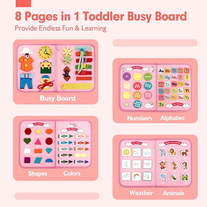 hahaland Toddler Busy Board Montessori Toys for 3 Year Old Girl Gifts, Educational Learning Toys with Life Skills, Alphabet, Number, Shape, Color, Easter Basket Stuffers Travel Sensory Busy Book Age 3