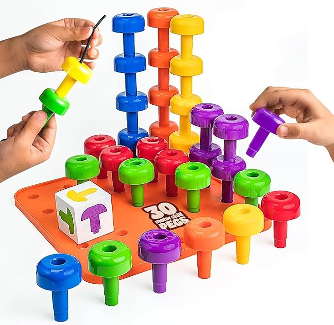 Skoolzy Peg Board Set - Montessori Toys for 2 Year Old - 33 Pc Plastic Peg Board for Kids - Occupational Therapy Toys with Pegs, Dice, Lacing String & Storage Bag