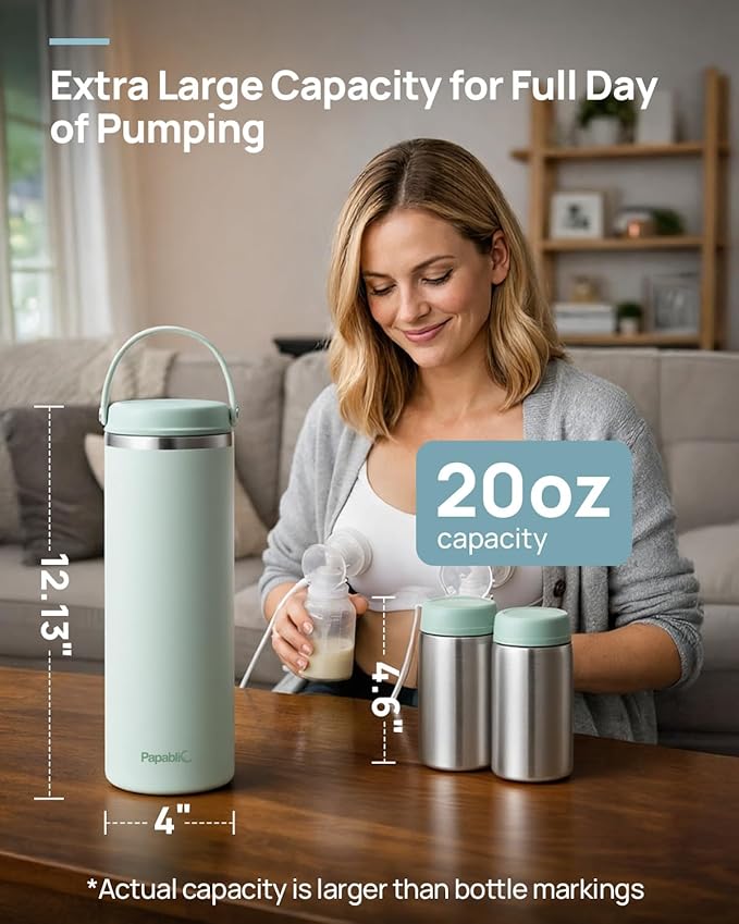 Papablic Innovative 360° CapsuleChill Breastmilk Cooler for 36H Safe Storage, 20oz Stress-Free Portable Breast Milk Chiller with 2pcs Stainless Steel Baby Bottles for Work & Travel, Mint Green