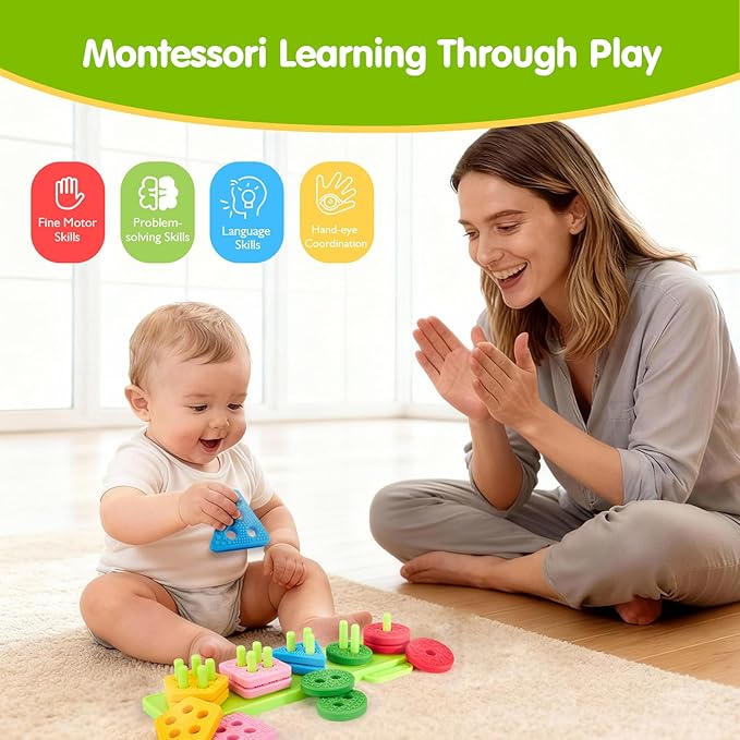 hahaland Silicone Blocks for Toddlers 1-3 - Montessori Toys for 1 Year Old Sensory Toys, Color Sorting and Stacking Toy Soft Textured Educational Learning Toddler Baby Toys 1 Year Old Boy Girl Gifts
