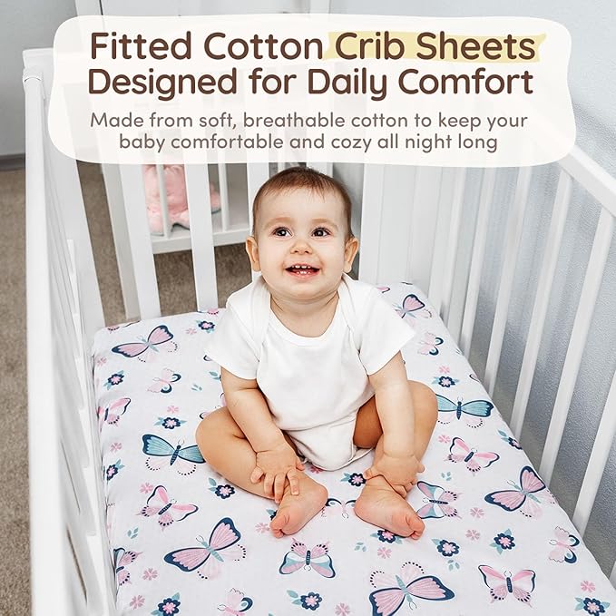 Butterfly Baby Crib Bedding Set Girl 28"x52", 8" Deep Pocket - 5 pcs Baby Bedding Set with Blanket, 2 Crib Sets for Girls Cotton Fitted Sheets, Skirt, and Butterfly Wall Sticker - White & Pink