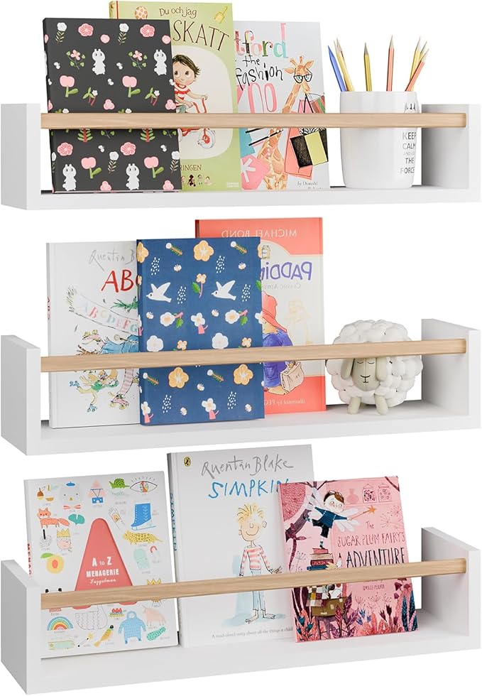 Fixwal Nursery Bookshelves, 16.5 Inch Floating Shelves for Wall Set of 3, Kids Bookshelf for Bedroom, Baby Nursery Decor (White and Natural)