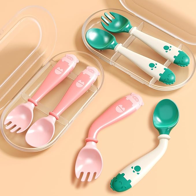 Deejoy Toddler Utensils, Self-feeding Flatware Set withTravel Case, Baby Spoons and Forks with Silicone Bendable Handle, Easy Grip Heat-Resistant, Ideal for Kids, Stage 2, 2 Sets Green&Pink