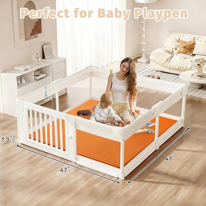 Waterproof Baby Play Mat for Floor 1.3"Thick Memory Foam 47*47 Cushion Playpen Playmat Tummy Time Crawling Mat Nursery Rug Pad Mattress Create Soft & Safe Area for Infants,Toddler,Kid,Orange