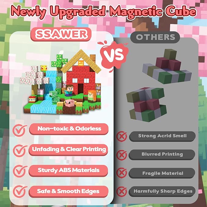 Magnetic Blocks, 208PCS Magnetic Building Blocks, Stacking Magnets for Kids, Sensory Toy for STEM Constructions Magnet Blocks for Boys Girls Age 3+, Christmas Birthday Gifts (Sakura Forest)