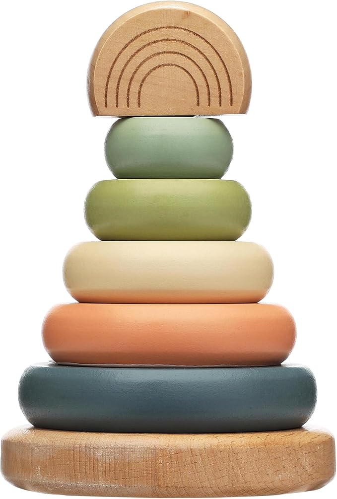 Pearhead Wooden Stacking Rainbow Toy, Montessori Learning Rings for Babies and Toddlers 12+ Months, Color Sorting Play, Nursery Decor, Spring Easter Basket Gift