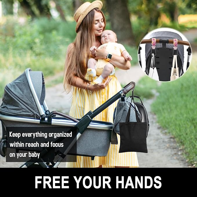 Baby Stroller Hooks for Hanging Bags, Universal Stroller Clips Accessories, Mommy Hook for Diaper Bag, Shopping Cart, Purse, Backpack - 2 Pack, Pink Gold Marble