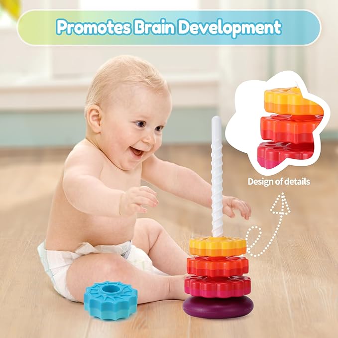 Baby Spinning Stacking Toys, 1-3 Rainbow Ring Stacker Montessori Toys for Babies, Sensory Toys for Toddlers, Christmas and Birthday Gifts Suitable for Boys and Girls (16 inches)