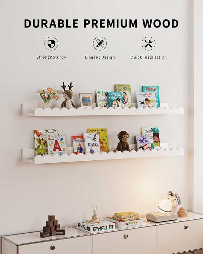 Shario Nursery Book Shelves, 4-Pack Wood Floating Shelves for Wall Kids, Scalloped Shelves, Wall Book Shelves for Bedroom Kids, Toddler Room, Baby Room, Nursery Decor (White, 31.5 Inches)
