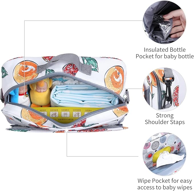 Non-Slip Stroller Organizer Bag for Diapers with Insulated Pocket, Stroller Hooks and Adjustable Strap,Universal Fit Most Strollers, Fruits