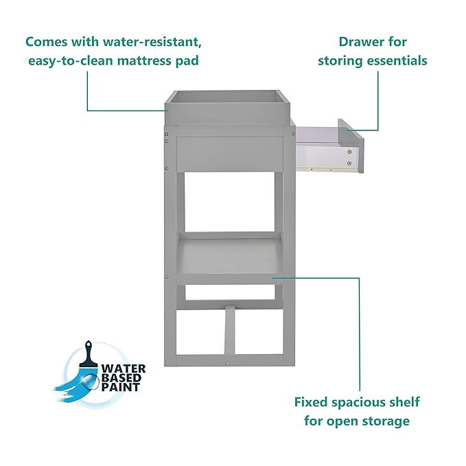 Dream On Me Arlo Changing Table in Pebble Grey – Enclosed Dressing Area with Safety Strap, Solid New Zealand Pinewood, Non-Toxic Finish, Spacious Fixed Storage Shelf, Water-Resistant 1" Changing Pad