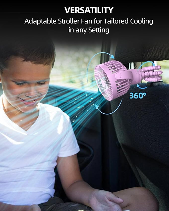 Portable Stroller Mini Fan, Small Rechargeable Personal Cooler w/ 360° Rotation, 3-Speed, Battery Powered Stroller Accessories, Baby Essentials for Car Seat, Crib, Bike, Treadmill, Plum