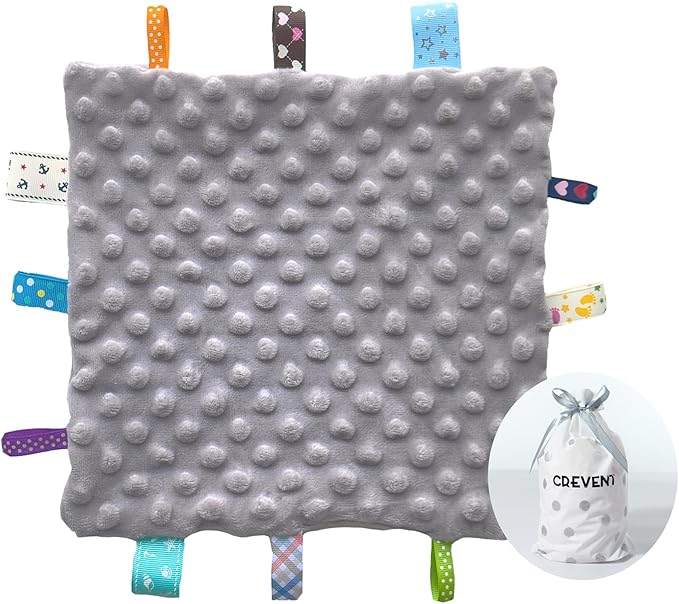 CREVENT Tag Security Blankets for Babies, Soft Small Loveys for Girls, Baby Comforter Sensory Blanket, Great Gifts for Birthday Baby Shower 10"X10" (Grey)