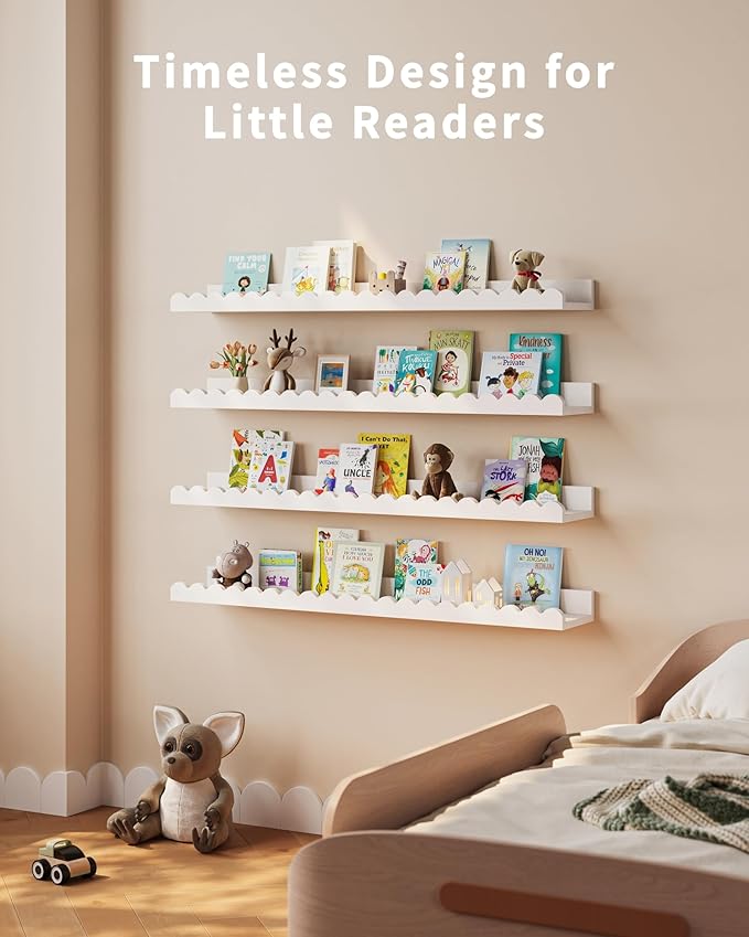 Shario Nursery Book Shelves, 4-Pack Wood Floating Shelves for Wall Kids, Scalloped Shelves, Wall Book Shelves for Bedroom Kids, Toddler Room, Baby Room, Nursery Decor (White, 31.5 Inches)