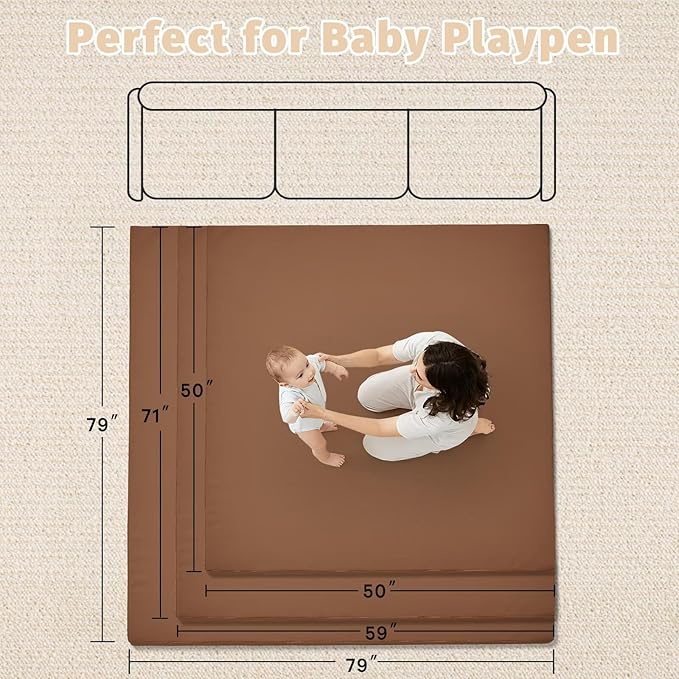 Waterproof Baby Play Mat for Floor 1.3" Thick Memory Foam 59 * 59 Cushion Playpen Playmat Tummy Time Nursery Rug Pad Mattress Create Soft & Safe Area for Infants,Toddler,Kids,Chestnut