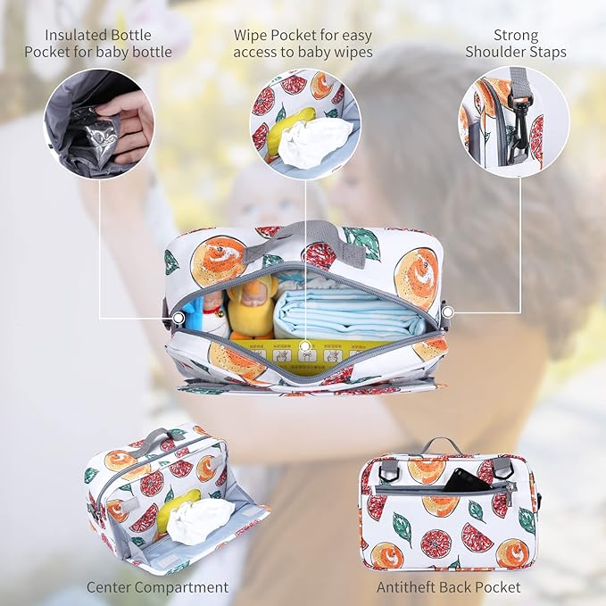 Non-Slip Stroller Organizer Bag for Diapers with Insulated Pocket, Stroller Hooks and Adjustable Strap,Universal Fit Most Strollers, Fruits