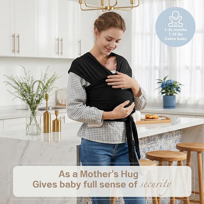 Baby Wrap Carrier, Baby Carrier Wrap Newborn(7-35lbs), Cotton Baby Sling Carriers Wearing Wrap Hands Free, Cozy Newborn Wrap One Size Fits All, Black