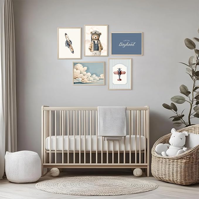 Teddy Bear Nursery Wall Art Decor Vintage Boy Room Pictures Baby Boy Nursery Canvas Wall Decor Blue Vintage Airplane Poster Kids Travel Aviation Prints for Playroom Bedroom 12x16x5 Inch Wood Framed