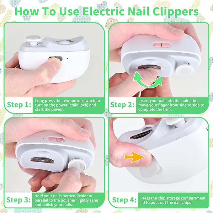 Electric Nail Clipper 3 in 1 Design, Automatic Baby Nail Trimmer Suitable for Night Lighting During Baby sleepwith Light & Featuring Two speeds Suitable for Infants, Children and The Elderly