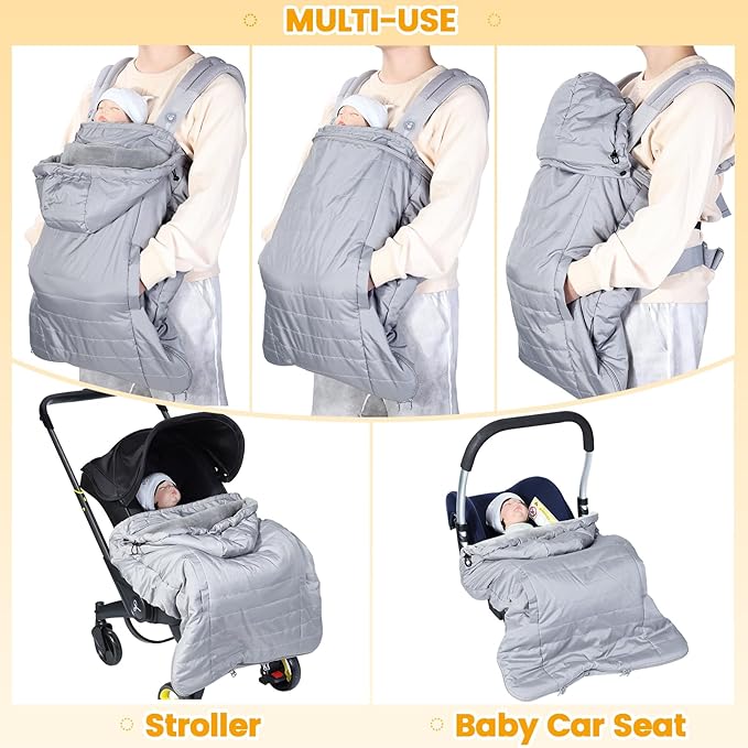 Orzbow Winter Baby Carrier Cover with Detachable Hood, Waterproof & Windproof, Universal for Baby Carriers and Baby Waist Stool, Baby Bunting Bag for Car Seats and Strollers with Storage Bag, Gray