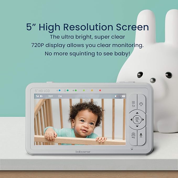 Babysense HD 5" Video Baby Monitor with Camera and Audio, No WiFi/App, Secure Closed-Loop, Night Vision, Pan-Tilt-Zoom, VOX Audio Alerts, White Noise & Lullabies, Up to 1000 ft Range, 20-Hour Battery