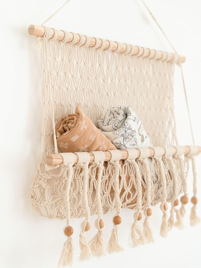 Crane Baby Macrame Hanging Storage Bin for Nursery, Boho Baby Decor, Baby Toy Hanging Basket Wall Storage, Bohemian Macrame Nursery Decor, 16" W X 22" H