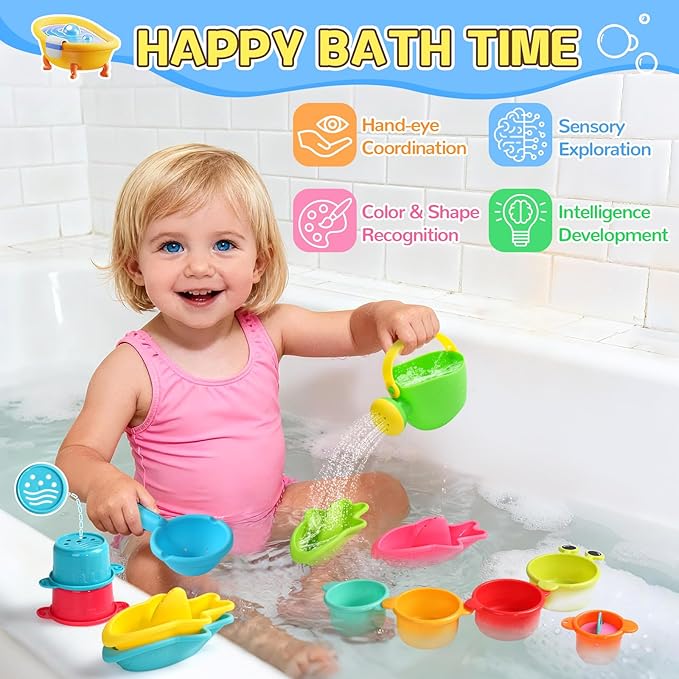Baby Bath Toys for Kids Ages 1-3 Toddler Bath Toys Mold Free Bathtub Toys for 12+ Months Pool Water Table Beach Sand Toys Stacking Cups Floating Boats for 1+ Years Old Girls Boys Gifts 13 PCS