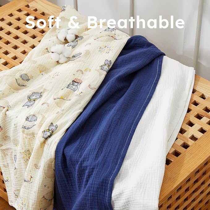 5 Pack Muslin Swaddle Blankets & Baby Burp Cloths, Soft & Breathable Cotton Baby Blankets, Receiving Blankets for Newborn, Nursery Infant Essentials, Swaddling Wrap for Unisex (Navy & White)