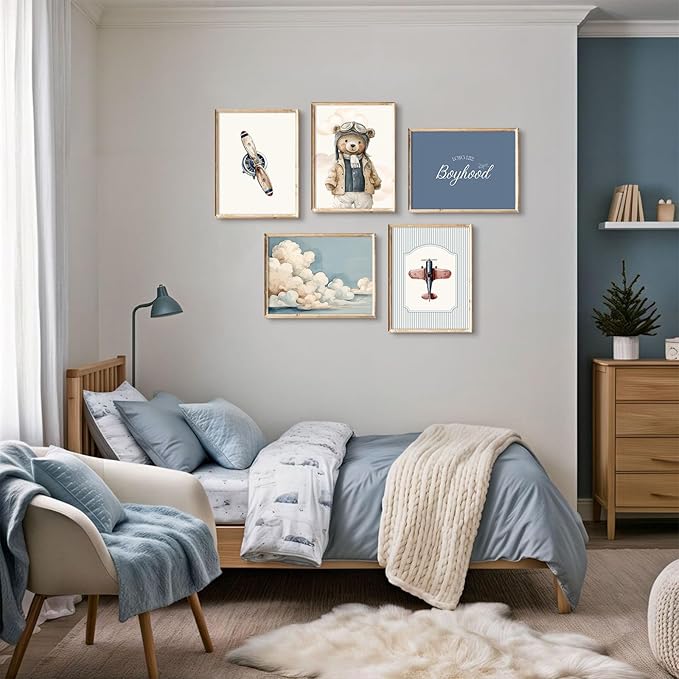Teddy Bear Nursery Wall Art Decor Vintage Boy Room Pictures Baby Boy Nursery Canvas Wall Decor Blue Vintage Airplane Poster Kids Travel Aviation Prints for Playroom Bedroom 8x10x5 Inch Unframed