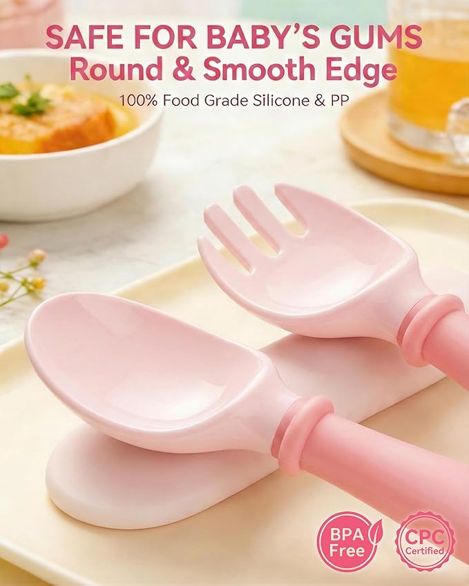 Deejoy Toddler Utensils, Self-feeding Flatware Set withTravel Case, Baby Spoons and Forks with Silicone Bendable Handle, Easy Grip Heat-Resistant, Ideal for Kids, Stage 2, 2 Sets Green&Pink