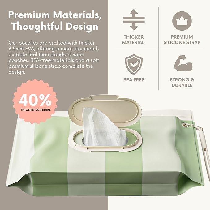 NEW 3 PACK Baby Wipes Holder | Refillable Wipes Container w/DOUBLE-LOCK SEAL |Travel Wipe Case | Portable Wipe Dispenser for Diaper Bag w Silicone Strap | Reusable Wipes Pouch (SAGE GREEN) by Moodie